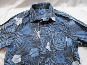 Puritanisches Herren Medium Hawaii Hemd Vintage Blau Knopf Blume Palme - Bild 1 von 7