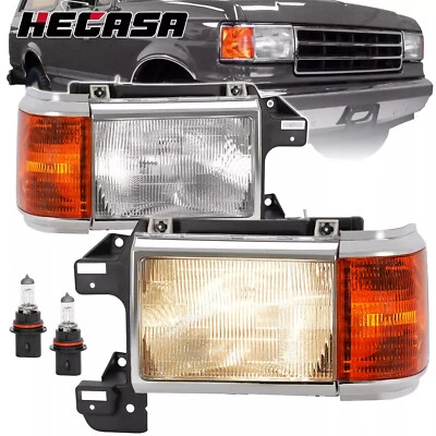 For Ford Bronco F150 F250 Truck 1987-1991 Headlights Chrome Trim Headlamps Pair - Image 1 of 4