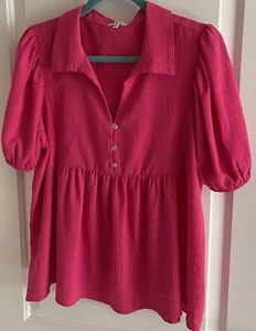 JODIFL Blouse Women’s Lg Hot Pink Puff Sleeve Resort Top Cruise Travel Vacation - Picture 1 of 9