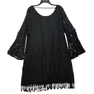 ING Damenkleid schwarz Spitze Glockenärmel Größe 1X Boho Fransen Saum U-Ausschnitt - Bild 1 von 7