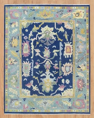 Colorfull Oushak Blue Rug | Hand Knotted Wool area Rug | Handmade Turkish Rug N1 - Image 1 of 4
