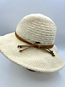 Adora Wide Brim Sun Hat Women Beige Woven Polyester Brown Trim One Size Summer - Picture 1 of 13