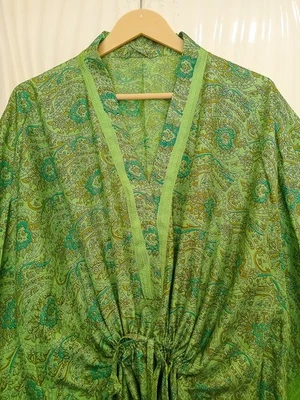Pure Silk Kaftan Green Robe Dress Long Woman Gown Maxi Tunic Robes KFN3133 - Image 1 of 4