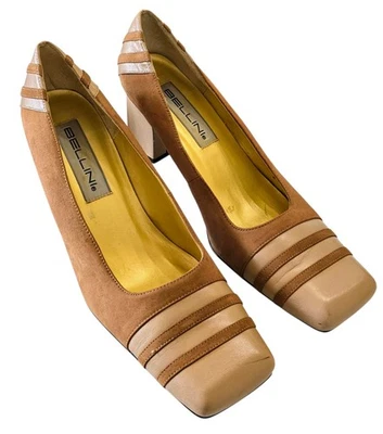 Salto Chevron Vintage Anos 80-90 Bellini Verona Bege Couro Camurça Biqueira Quadrada  - Imagem 1 de 4