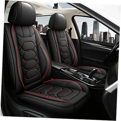  Leather Car Seat Covers Front Pair, Waterproof Faux FRONT SET BLACK/RED - Image 1 of 4