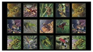 Fabric Frogs on Black Cotton Elizabeth Studios Panel 15 Squares 24"x42/44" - Picture 1 of 12