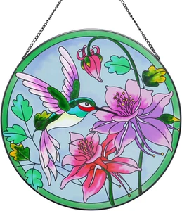 Hummingbird Stained Glass Window Hanging 12 Inch Large Colorful Bird Flower Sunc - Picture 1 of 12