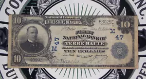 1902 $10 National Currency *TERRE HAUTE* IN CH#M47 Large Note Blue Seal E3025E - Picture 1 of 6