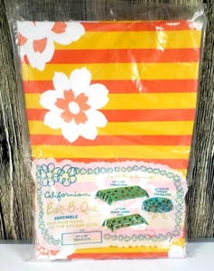 Tablecloth Scallop Retro Floral Orange Hibiscus Flower BOHO Hippie 52 x 90" Vtg - Picture 1 of 10