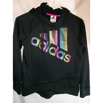 Adidas Pullover Hoodie Iridescent Logo Activewear Top Black Youth Size L 12/14 - Image 1 of 3