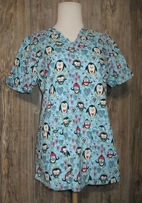 Dickies Penguins Hearts Winter Womens Small Scrub Top Short Sleeve Cute - Image 1 of 4