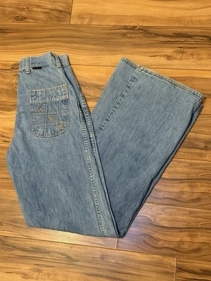 Vintage 70s Wide Leg Flare Jeans Maverick Embroider Pockets XS 24x30 Scovill Zip - Image 1 of 4
