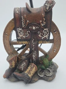Vintage Western Cowboy Saddle Wagon Wheel Table Lamp – Boots, Horseshoes, Cactus - Picture 1 of 3