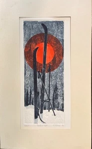 1976 Winters Night Etching Skis Signed Japanese Artist? - Picture 1 of 8
