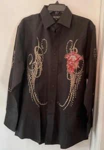 EDDIE DOMANI Men's  Black Shirt With Rhinestone And Red Eagle Print Size M - Picture 1 of 10