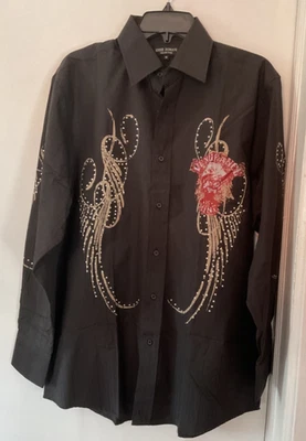 EDDIE DOMANI Men's  Black Shirt With Rhinestone And Red Eagle Print Size M - Image 1 of 4
