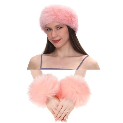 2 Piezas Diadema de Piel Sintética Calentadores de Brazos Puños de Muñeca Orejeras Calentador de Oreja para Rosa Foto 1 de 4