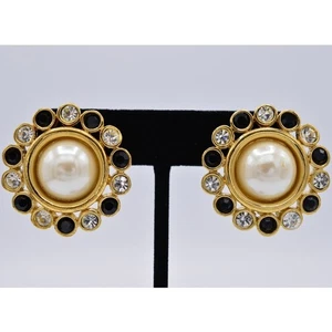 Givenchy Vintage Clip On Earrings Black Crystal Gold Pearl Chunky Signed 80s 9I - Picture 1 of 12