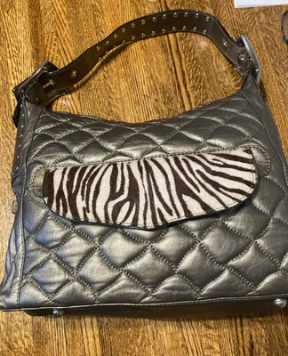 Bolso de Hombro CHI Carlos Falchi Cuero Metálico Gris Tachuelas Estampado Animal Boho Foto 1 de 4