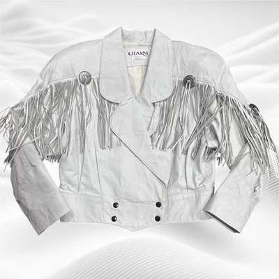 Vintage Charm White Fringe Leather Jacket Crop Moto Concho USA Small - Image 1 of 4