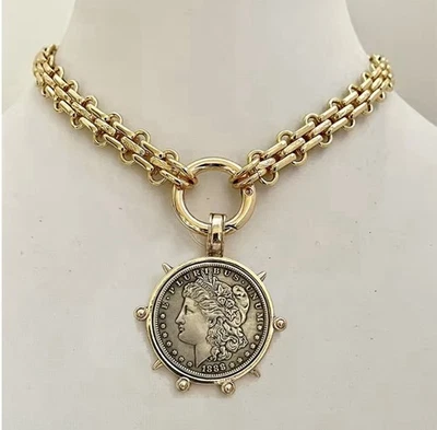 Collar Colgante Moneda Oro Reina Isabel Grande Grueso Cadena Steampunk Plata Foto 1 de 4