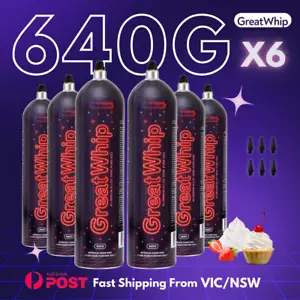 Whipped Cream Charger 640g X 6 Tank Aluminum Cannister Cylinders GreatWhip Pure - Picture 1 of 8