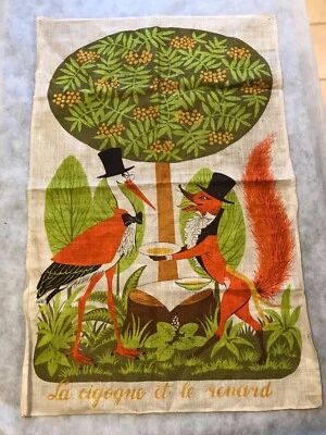 ANCIENNE TENTURE TOILE TAPISSERIE JEAN DE LA FONTAINE LA CIGOGNE ET LE RENARD - Photo 1/4