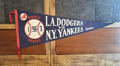 1963 Los Angeles Dodgers vs New York Yankees Serie Mundial Banderín 29” Tamaño Completo Foto 1 de 4