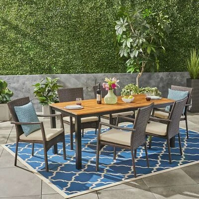 Elaine Outdoor 7 Piece Acacia Wood Dining Set with Wicker Chairs, Teak and Brown - Image 1 of 4