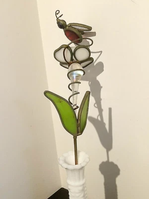 Handmade Stained Glass Flower & Flying Insect Garden Stake - Image 1 of 4