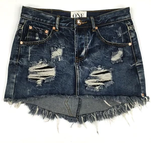 One Teaspoon Denim Junk Yard Mini Skirt Size 25 Low Rise Raw Hem Distressed Y2K - Picture 1 of 15
