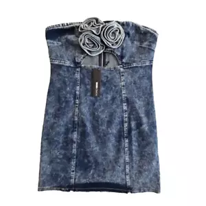 Denim Strapless Mini Dress Size 2X NWT Rosettes Cutouts Zipped Back Countrycore - Picture 1 of 13
