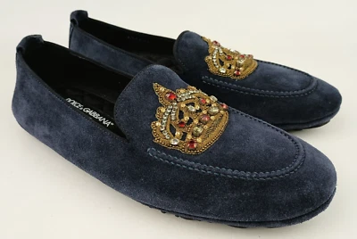 Dolce & Gabbana 男式蓝色麂皮绒镶嵌皇冠补丁乐福鞋 5 码英国 — 第 1/4 张图片