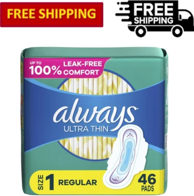 Always 超薄日间垫带翅膀,尺寸 1,常规,无香,46 克拉 — 第 1/4 张图片