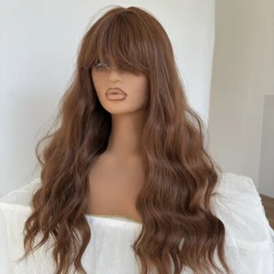Brown Dress Up Wig With Fringe Women Heat Resistant Synthetic Hair Long Wavy - Picture 1 of 8