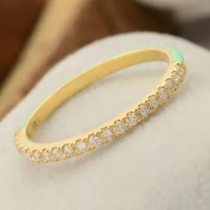 SI/H Diamond Half Eternity Ring Aqua Color Enamel 14k Yellow Solid Gold 0.21 Ct. - Picture 1 of 8