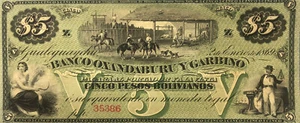 Argentina Note Banco Oxandaburu y Garbino 5 pesos bolivianos S 1783 year 1869 - Picture 1 of 1