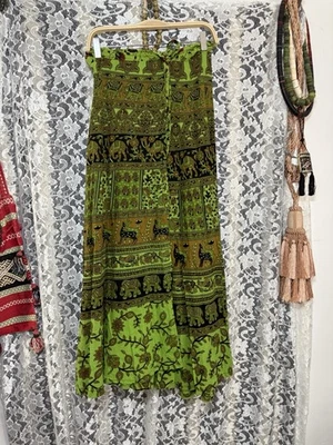 Cotton tapestry wrap skirt indian block print elephants OS GREEN EUC animal - Image 1 of 4