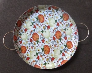 NWOT METAL 14.5 INCH ROUND SERVING PLATTER TRAY w/HANDLES MULTI-COLOR PUMPKINS - Picture 1 of 7