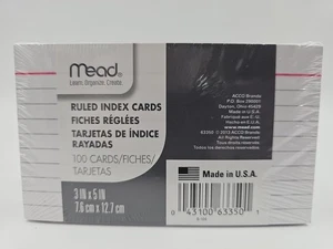 Mead Index Cards 3"X5" Ruled/Lined White 100/Pk School Office Home USA Made - Picture 1 of 2