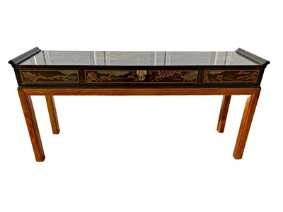 Drexel Heritage Chinoiserie Asian Motif Black Lacquer Console Hall Table 57" - Image 1 of 4