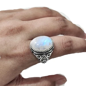 NATURAL RAINBOW MOONSTONE JUNE BIRTH 925 SOLID SILVER WEDDING ARABIC DESIGN RING - Picture 1 of 9