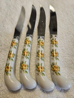 Prill of Sheffield Inglaterra Juego de 4 cuchillos para carne, mango de porcelana, rosa amarilla Foto 1 de 4