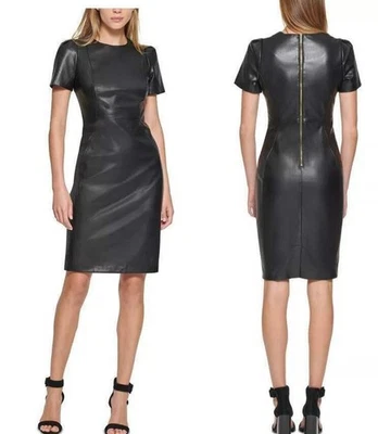 $134 NWT CALVIN KLEIN Short Sleeve Black Faux Leather Sheath Dress Exposed Zip 8 - Image 1 of 4
