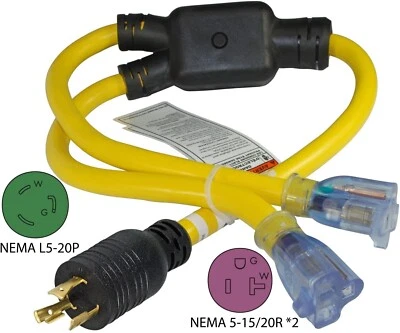 Generator Y-Adapter Power Cord YL520520S:20A,125V,splitter,pigtail,3 ft,lighted - Image 1 of 4