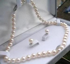 7-8mm Real Natural White Akoya Cultured Pearl Necklace Earrings Jewelry Set 18" - Picture 1 of 5