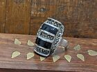 Unisex Vintage Silver Marcasite Black Stone Curved Rectangle Ring Size O