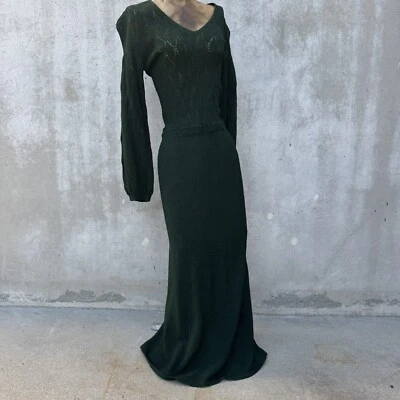 Vintage 1930s Forest Green Rayon Knit Full Length Dress Balloon Sleeves Art Deco - Image 1 of 4