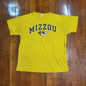 VTG Russell Athletic Yellow T Shirt Missouri Tigers Mizzou College Sz L Thrashed - Picture 1 of 10