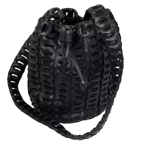 Vintage 70's Hobo Shoulder Bag Black Vegan Leather Looped Boho Hippie Slouch Art - Picture 1 of 12